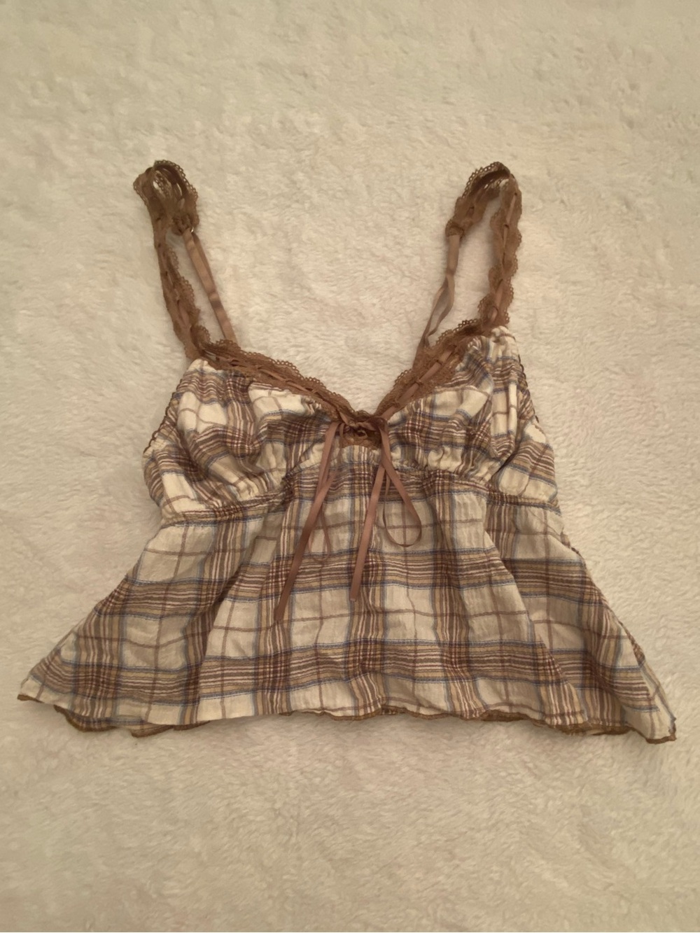 Edikted Cream Plaid crop top with Brown and Blue Accents